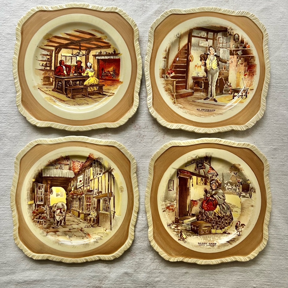 Charles Dickens Inspired Vintage Decorative Plates Set - Brown and Cream